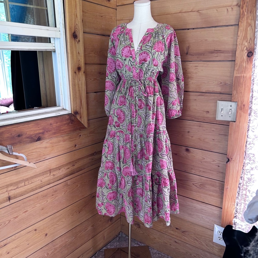Block Print Floral Midi Dress Womens Large Sage Pink Boho Wayward Fancies Garden